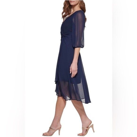 DKNY Navy Surplice Faux Wrap Chiffon Balloon Sleeve V-Neck Midi Party Dress - Picture 1 of 15
